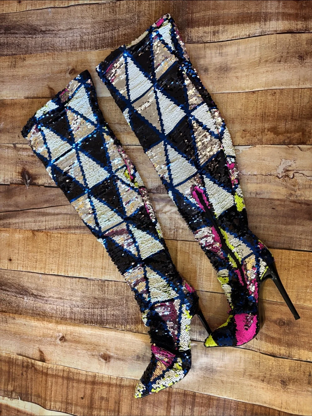Over-The-Knee Sequin Geometric Stiletto Boots in Neon Multi / Color Changing